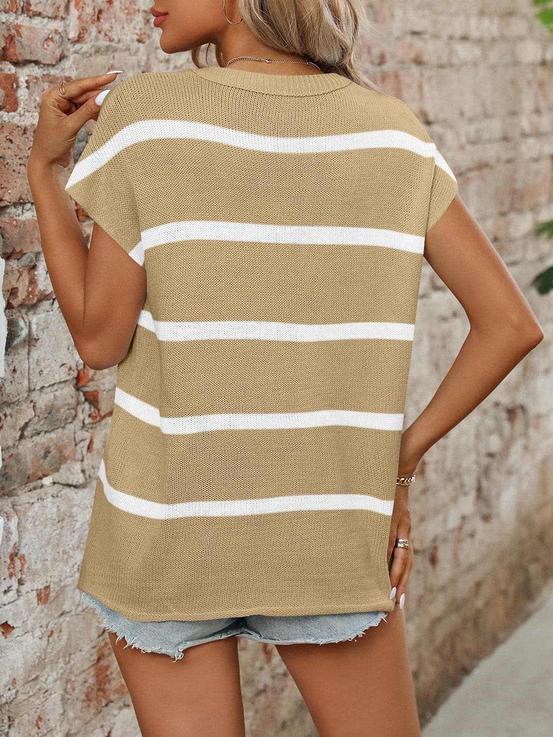 Chic striped knit top - round neck, short sleeves - Love Salve